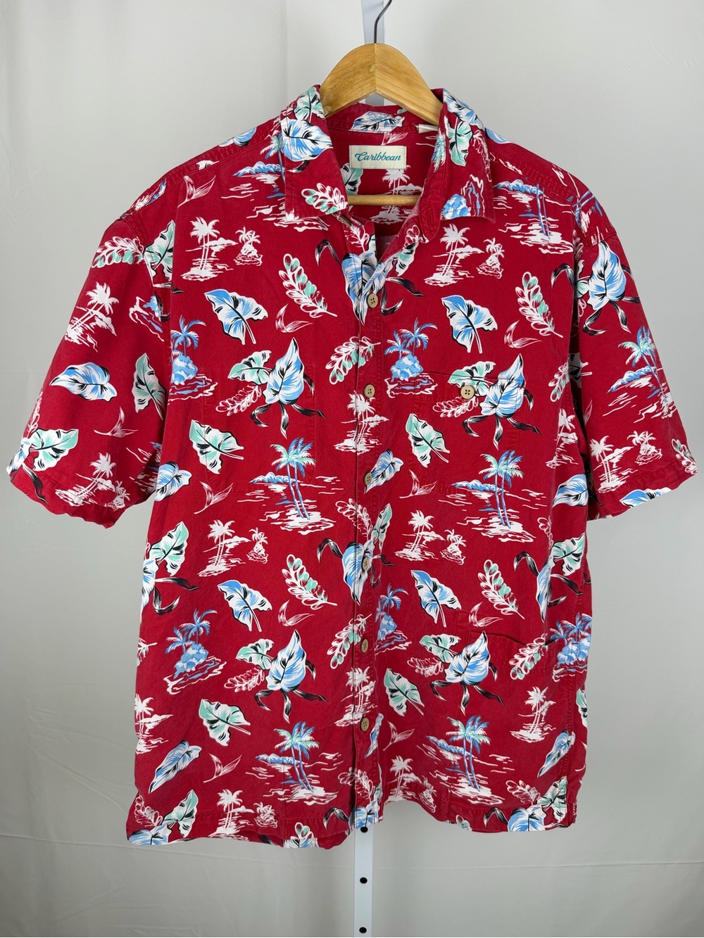 Caribbean Hawaiian Shirt L Red Tropical Palm Tencel Cotton Aloha Resort